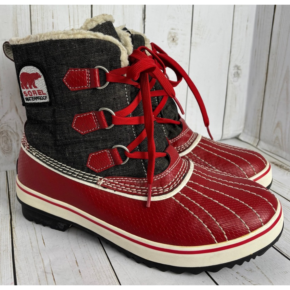 Sorel Winter Carnival Waterproof Boots Red Denim Womens 8.5‎ NL1530-986
